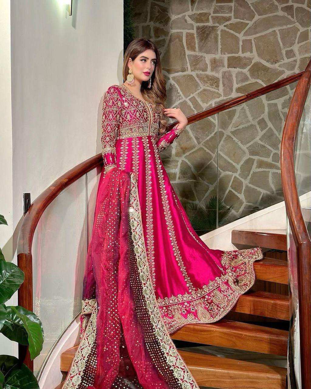 Pink Color Sequence Embroidery Work Designer Silk Gown