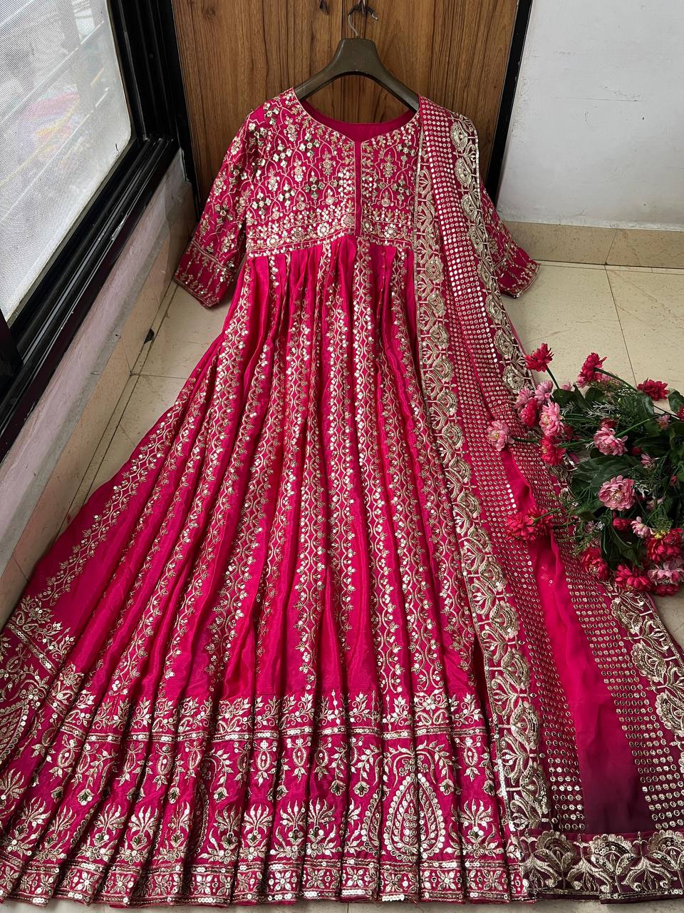 Pink Color Sequence Embroidery Work Designer Silk Gown