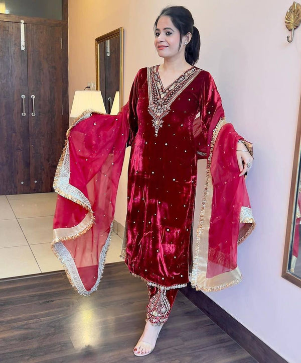 Red Color Velvet Trendy Embroidery Work Beautiful Palazzo Suit