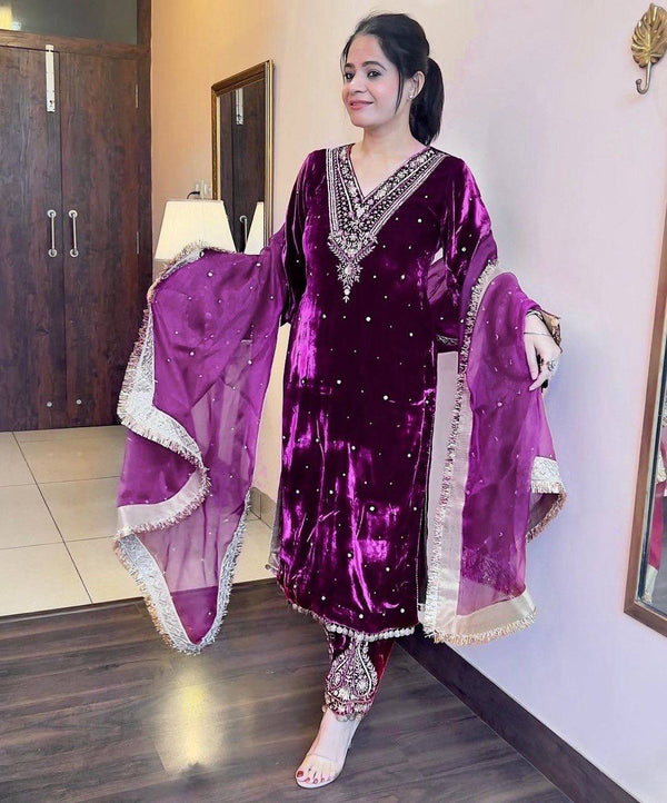 Purple Color Velvet Trendy Embroidery Work Beautiful Palazzo Suit