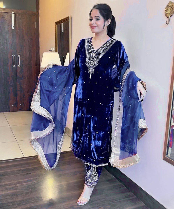 Blue Color Velvet Trendy Embroidery Work Beautiful Palazzo Suit