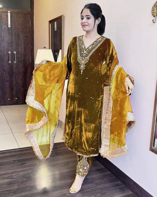 Yellow Color Velvet Trendy Embroidery Work Beautiful Palazzo Suit