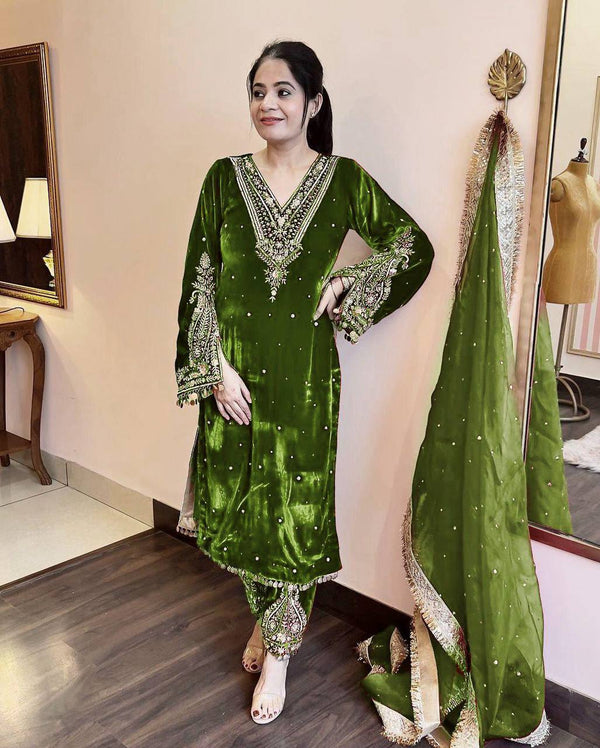 Green Color Velvet Trendy Embroidery Work Beautiful Palazzo Suit