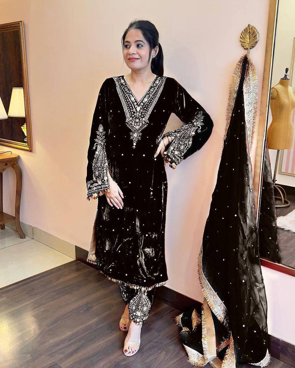 Black Color Velvet Trendy Embroidery Work Beautiful Palazzo Suit