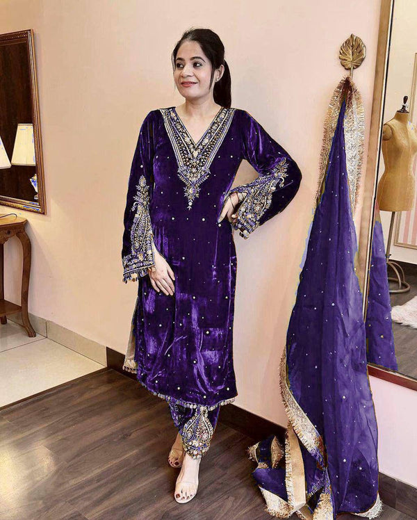 Violet Color Velvet Trendy Embroidery Work Beautiful Palazzo Suit