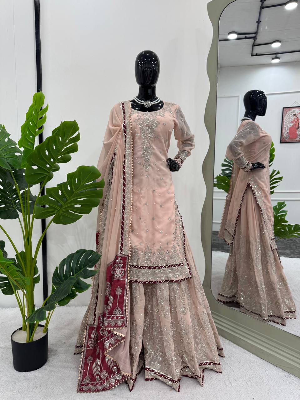 Peach Color Heavy Embroidered Work Wedding Wear Sharara Set