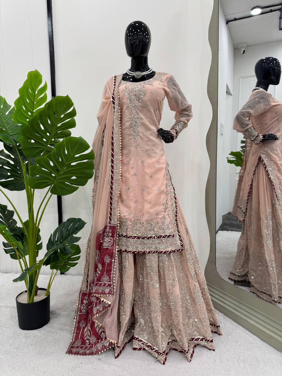 Peach Color Heavy Embroidered Work Wedding Wear Sharara Set