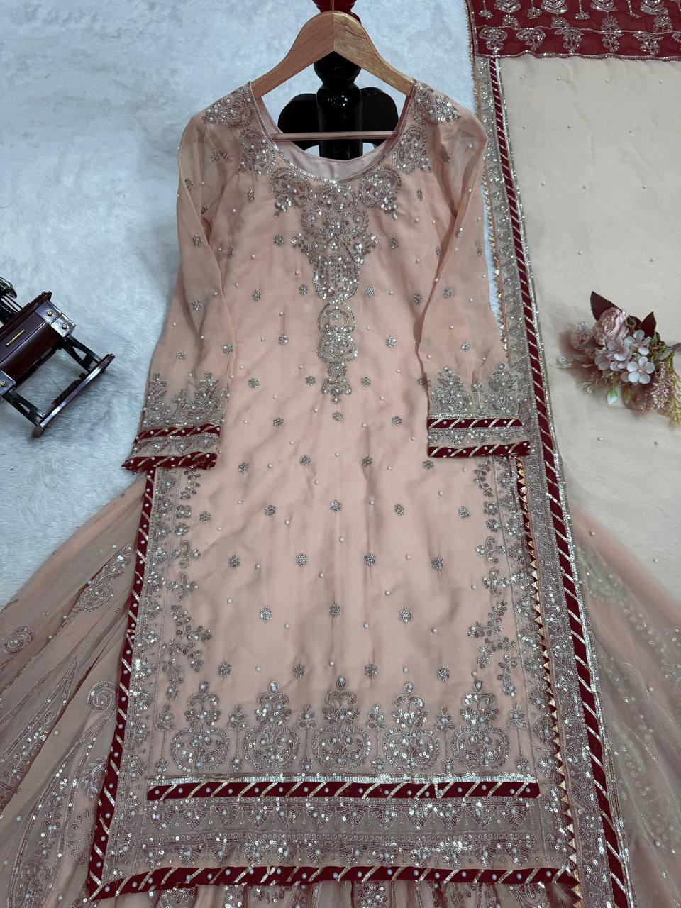 Peach Color Heavy Embroidered Work Wedding Wear Sharara Set