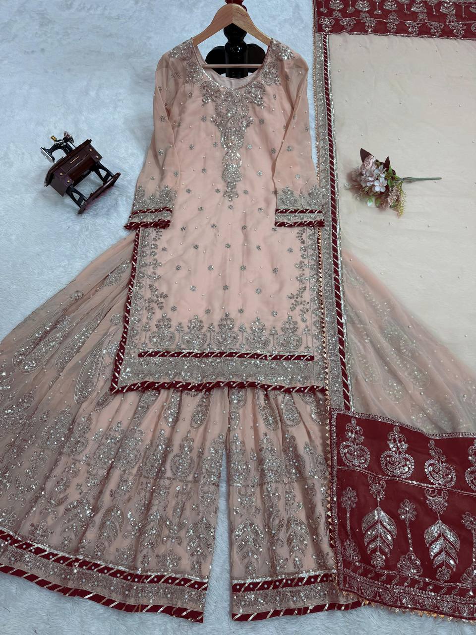 Peach Color Heavy Embroidered Work Wedding Wear Sharara Set