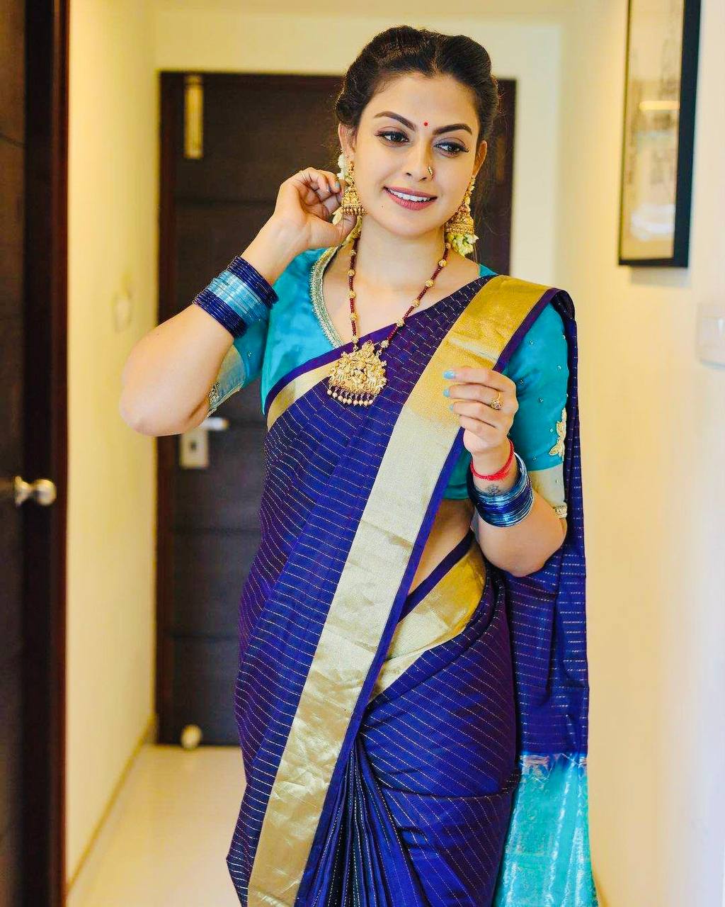 Royal Blue Color South Special Designer Lichi Silk Saree