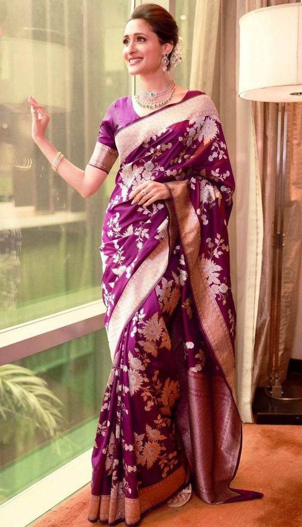 Purple Color Beautiful Silk Saree with Golden Zari Weaving