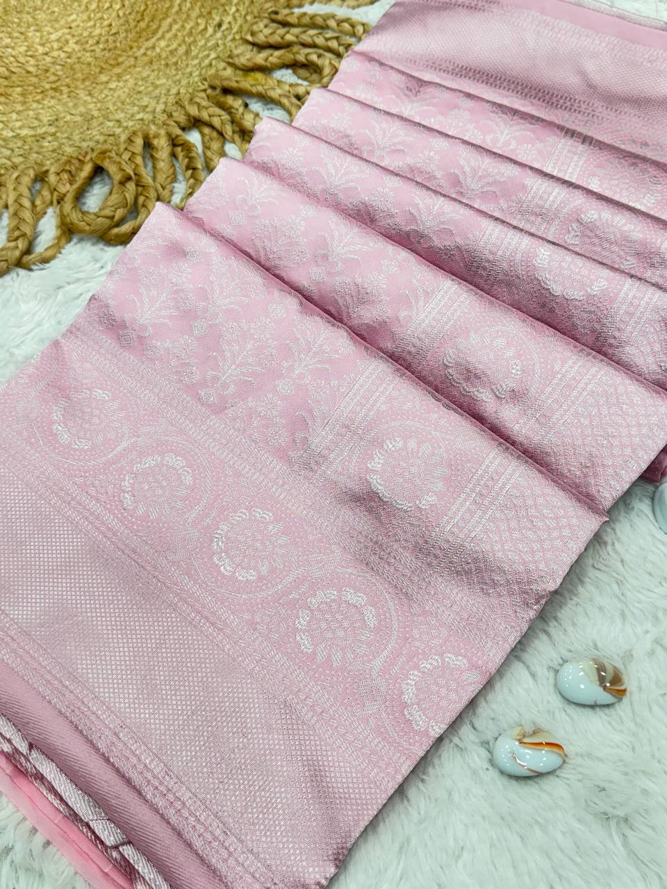 Baby Pink Color South Trendy Silver Weaving Silk Saree