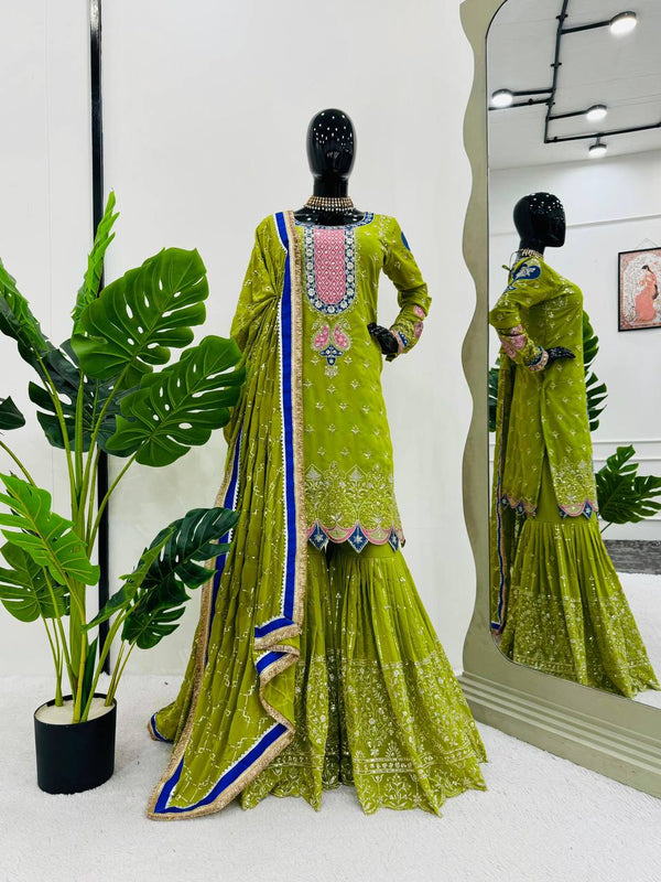 Green Color Wedding Wear Designer Georgette Heavy Sharara Suit