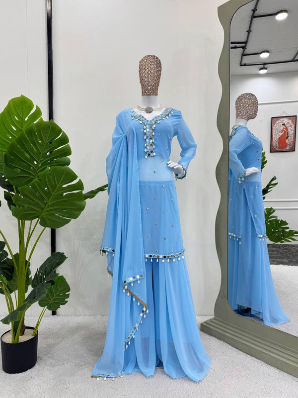 Sky Blue Color Georgette Thread Sequence Work Palazzo Suit