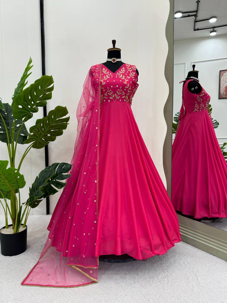 Pink Color Thread Work Designer Long Gown