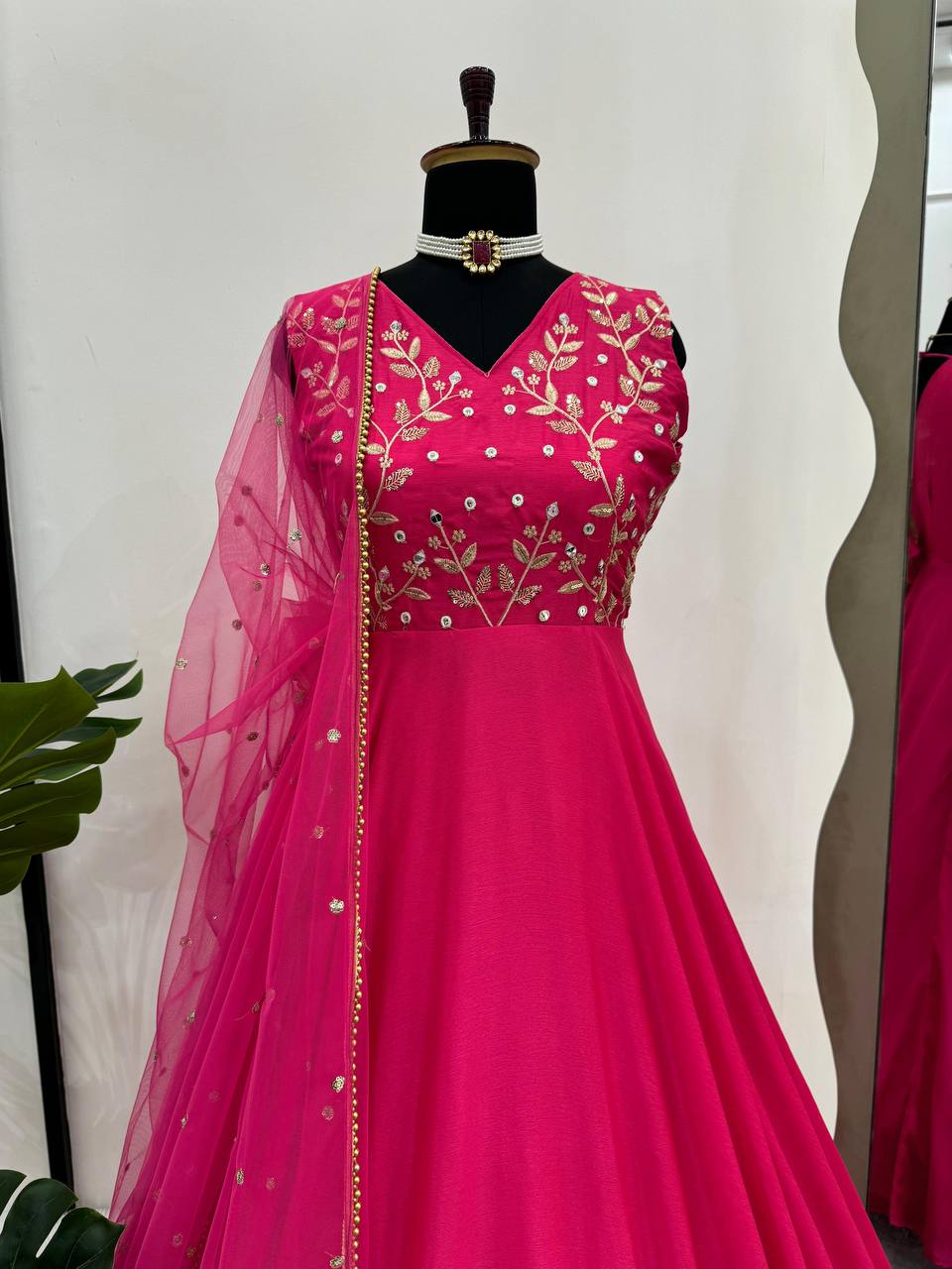 Pink Color Thread Work Designer Long Gown