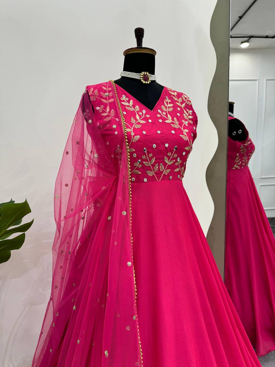 Pink Color Thread Work Designer Long Gown