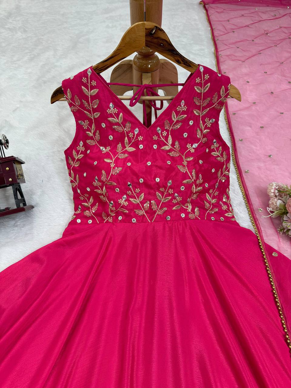 Pink Color Thread Work Designer Long Gown