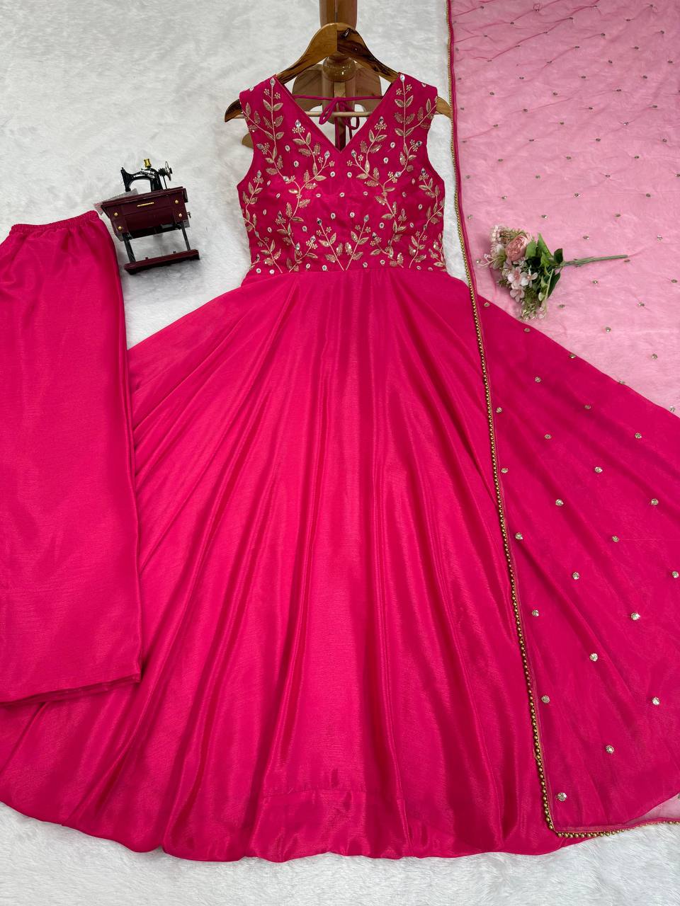 Pink Color Thread Work Designer Long Gown