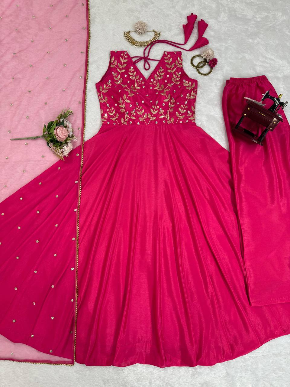 Pink Color Thread Work Designer Long Gown