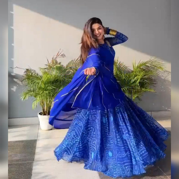 Royal Blue Color Bandhej Print Georgette Trendy Lehenga Choli