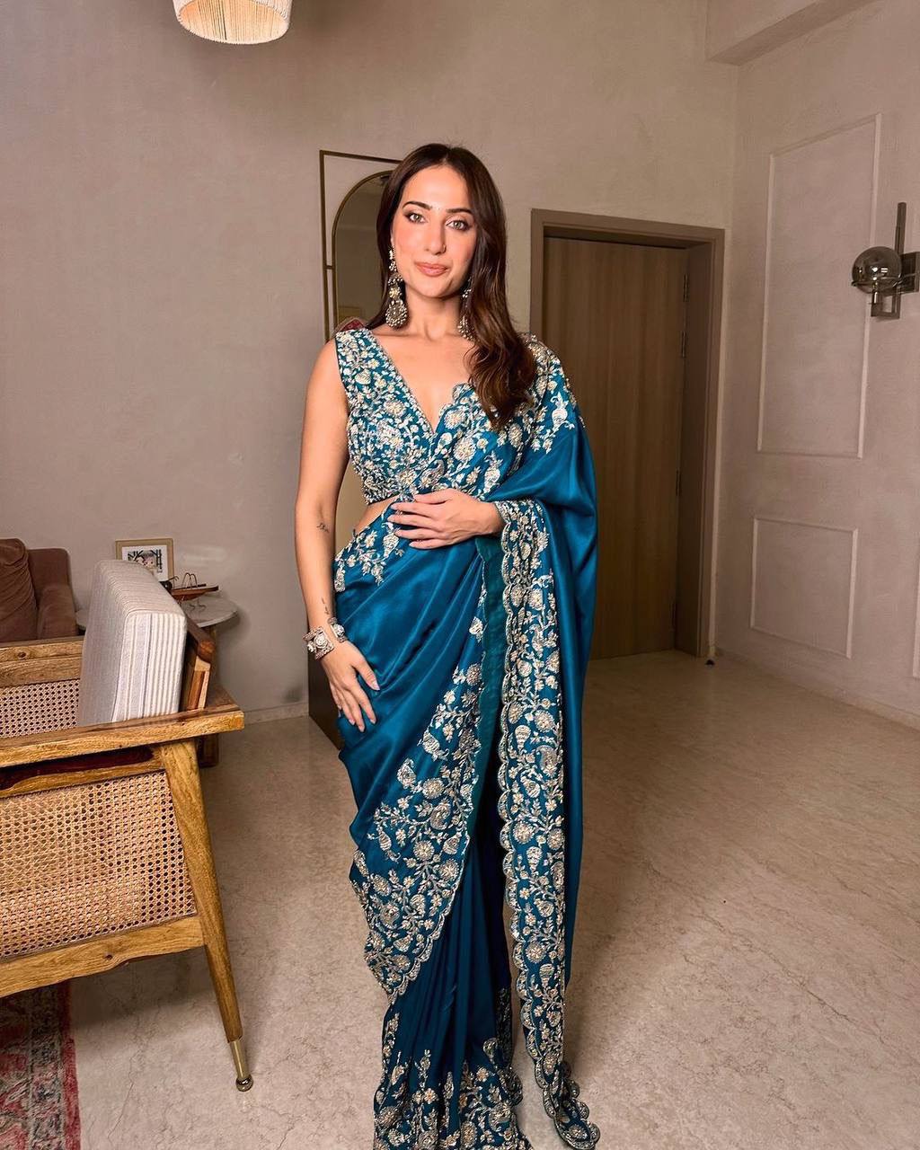 Blue Color Trendy Thread Sequence Work Chinon Saree