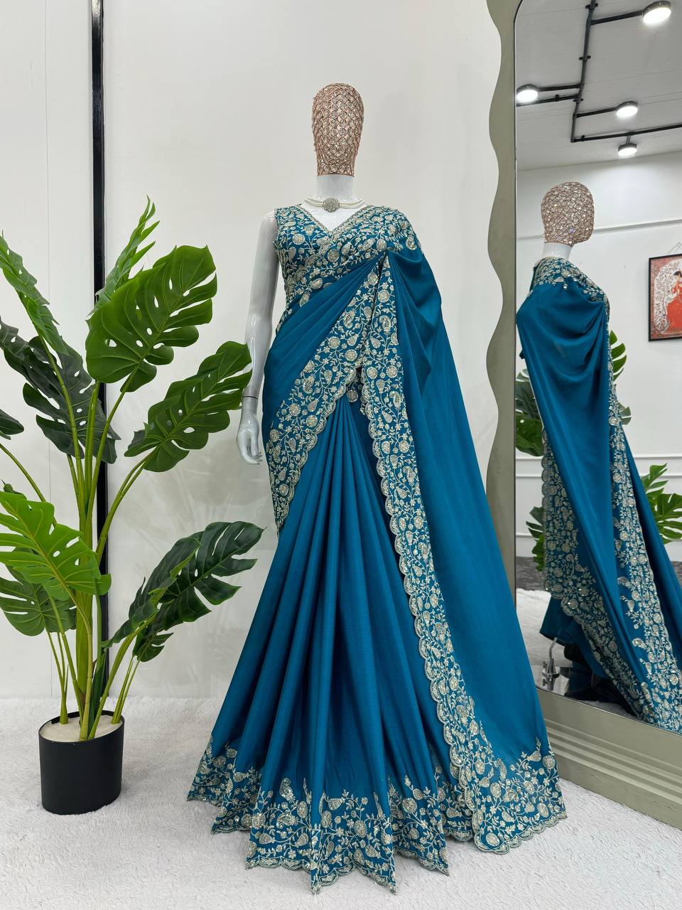 Blue Color Trendy Thread Sequence Work Chinon Saree