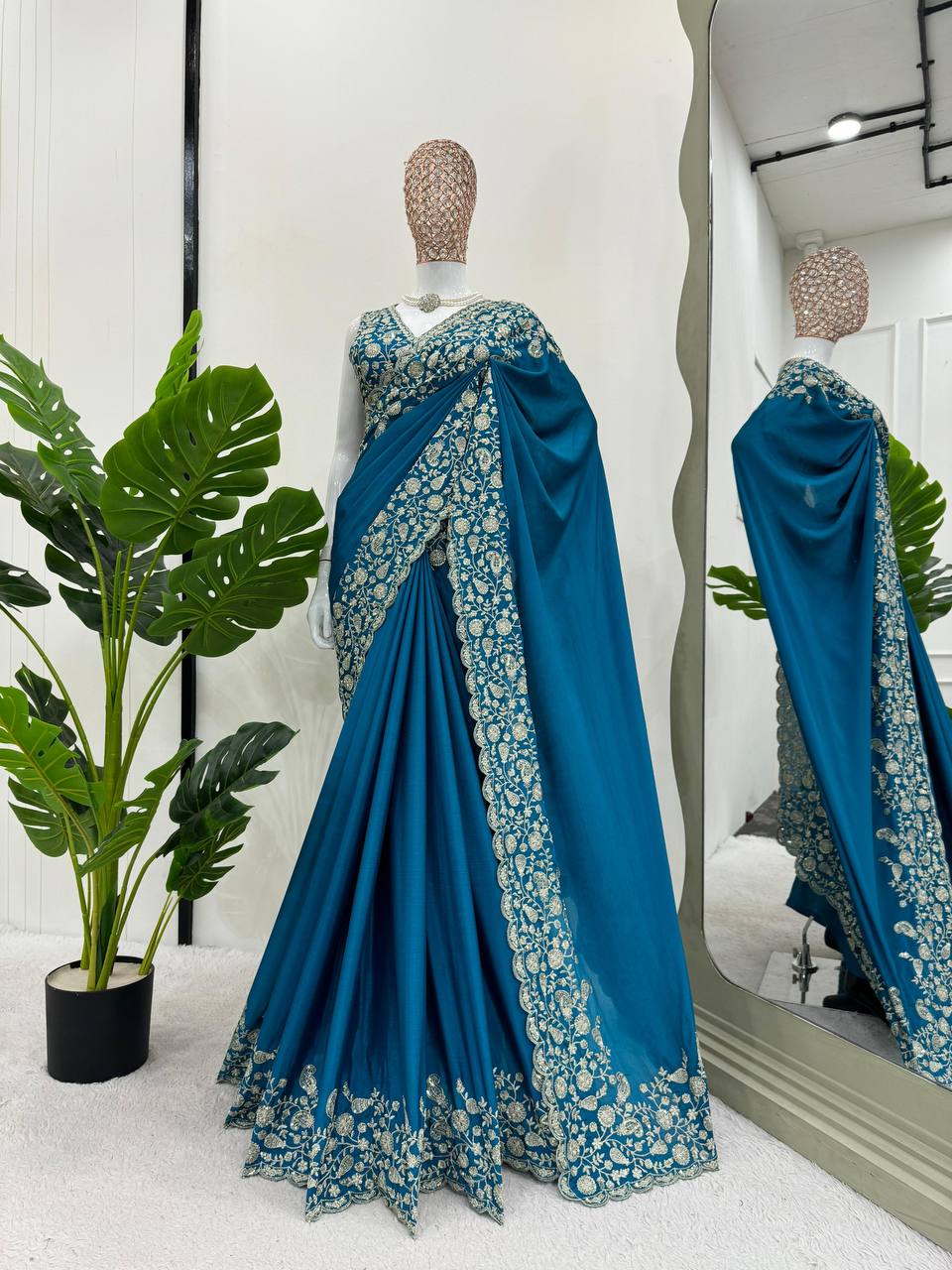 Blue Color Trendy Thread Sequence Work Chinon Saree