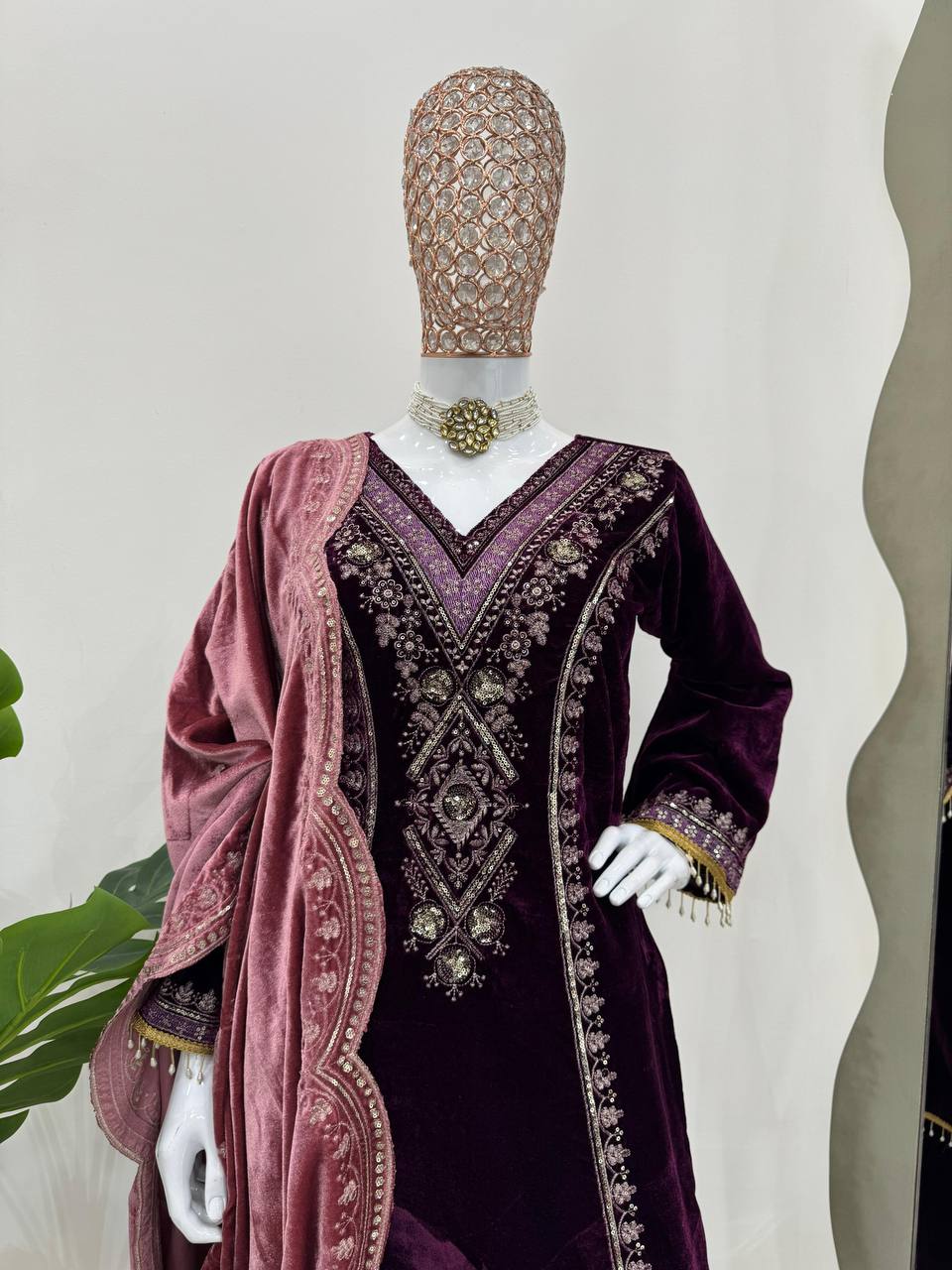 Purple Color Designer Thread Work Velvet Suit