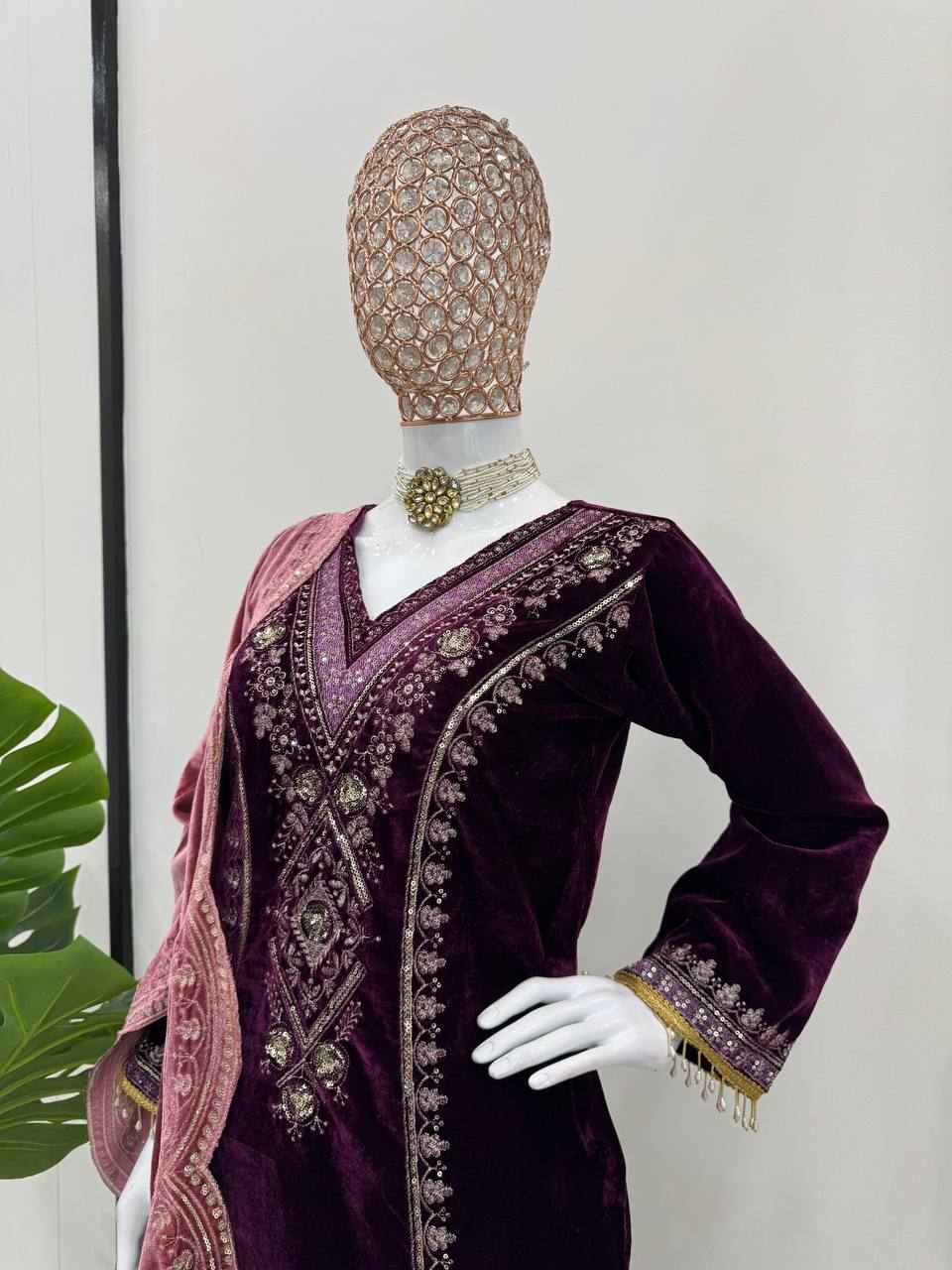 Purple Color Designer Thread Work Velvet Suit