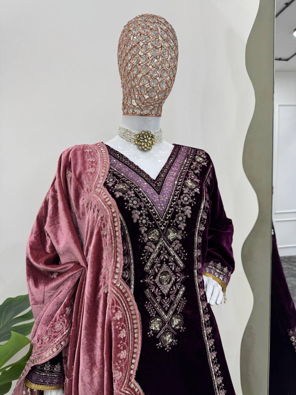 Purple Color Designer Thread Work Velvet Suit