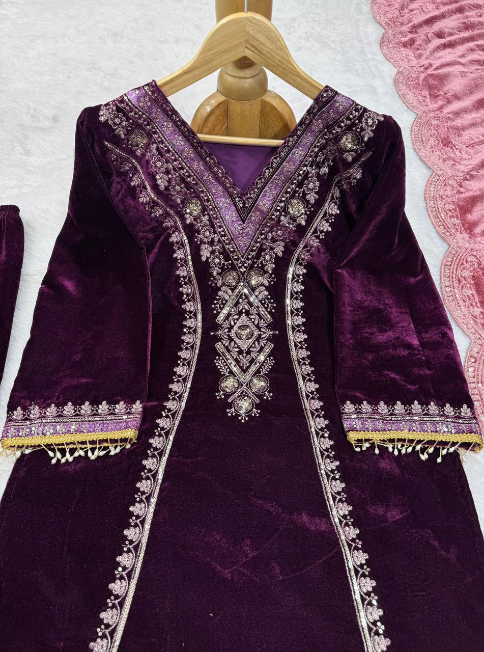 Purple Color Designer Thread Work Velvet Suit