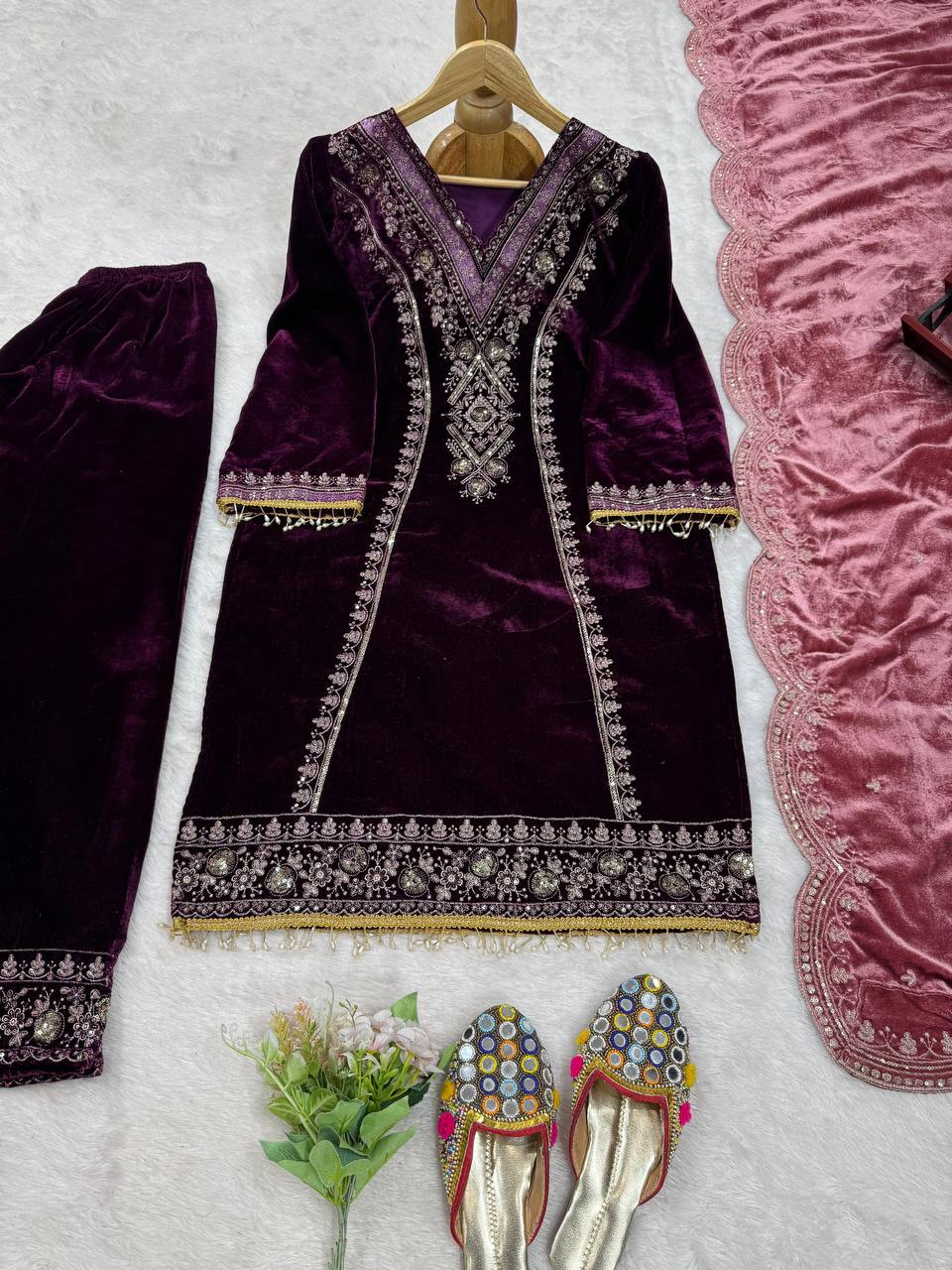 Purple Color Designer Thread Work Velvet Suit