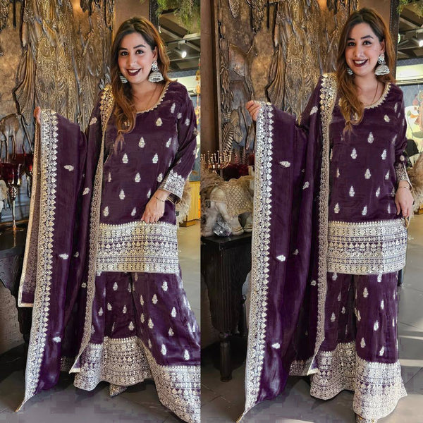 Purple Color Thread Sequence Work Designer Sharara Suit For Women