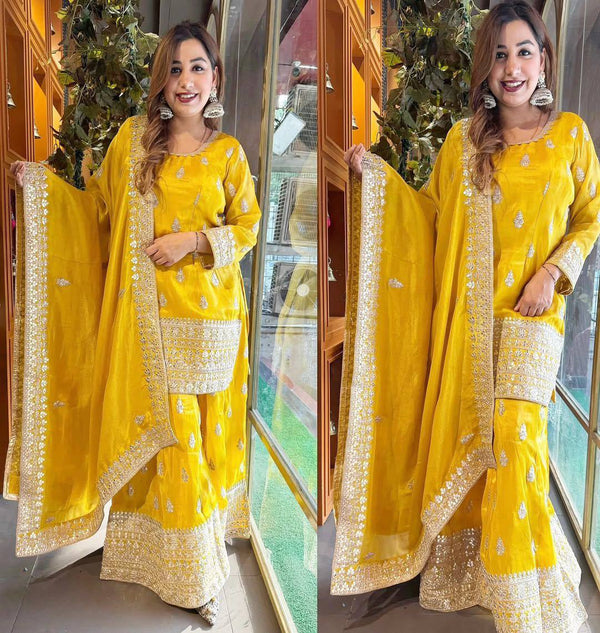 Yellow Color Thread Sequence Work Designer Sharara Suit For Women