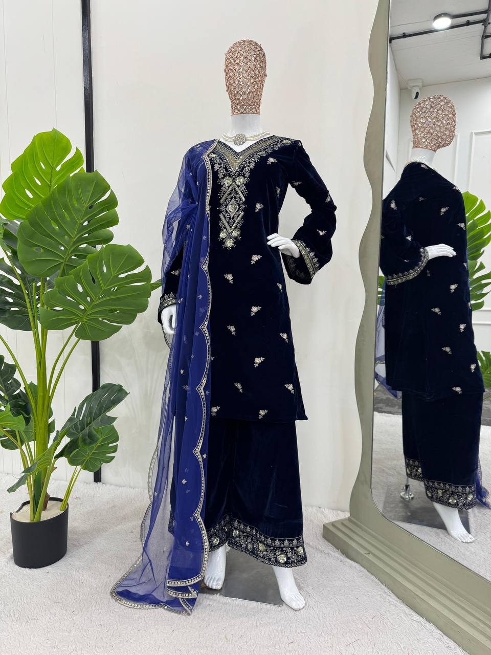 Blue Color Velvet Thread Sequence Work Designer Salwar Suit