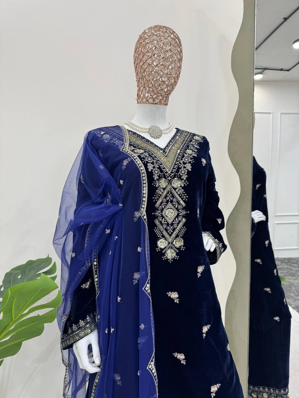 Blue Color Velvet Thread Sequence Work Designer Salwar Suit