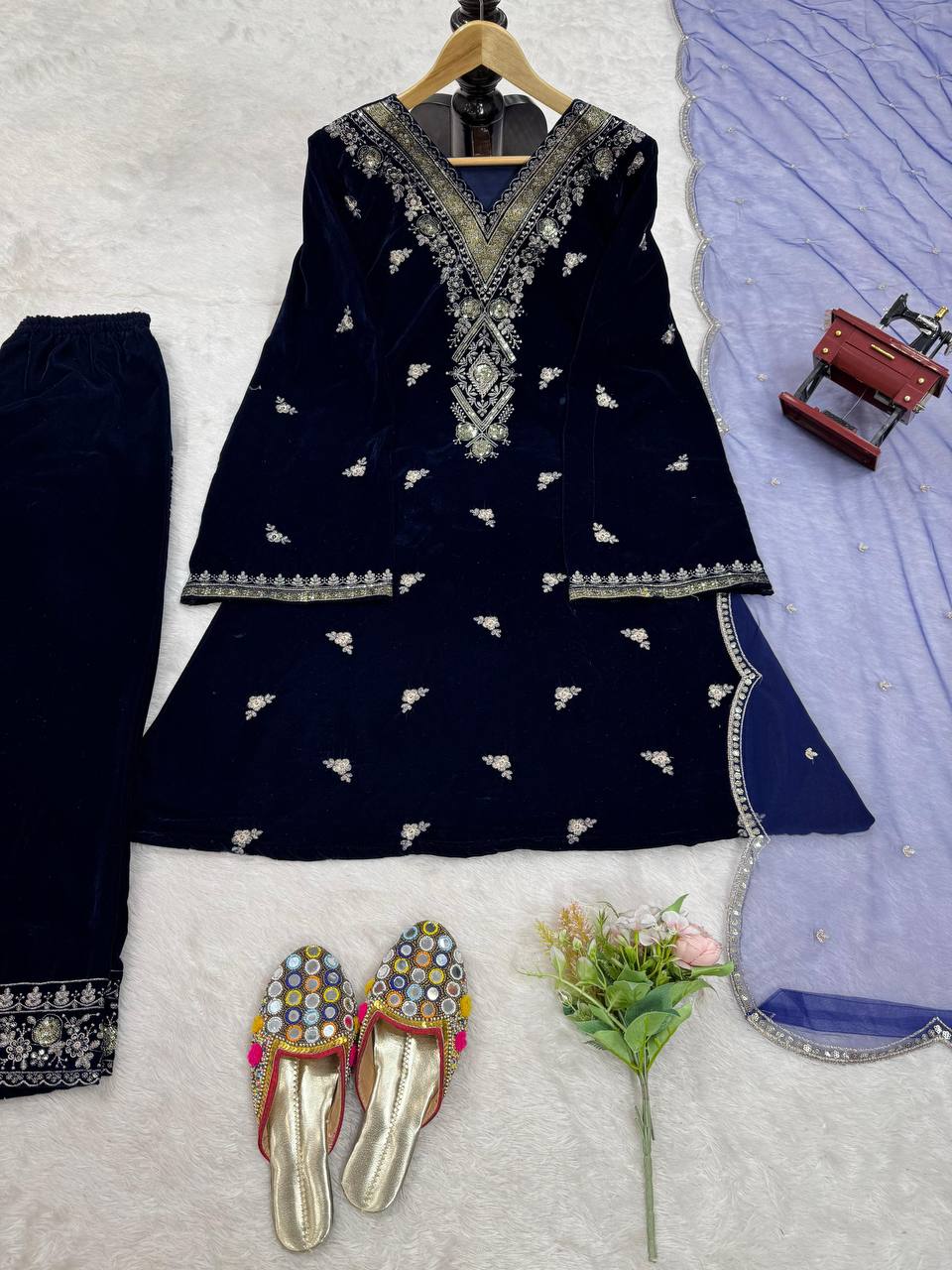 Blue Color Velvet Thread Sequence Work Designer Salwar Suit