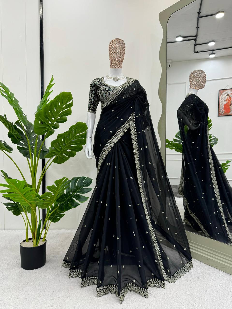 Black Color Sequence Work Designer Silk Wedding Wear Saree