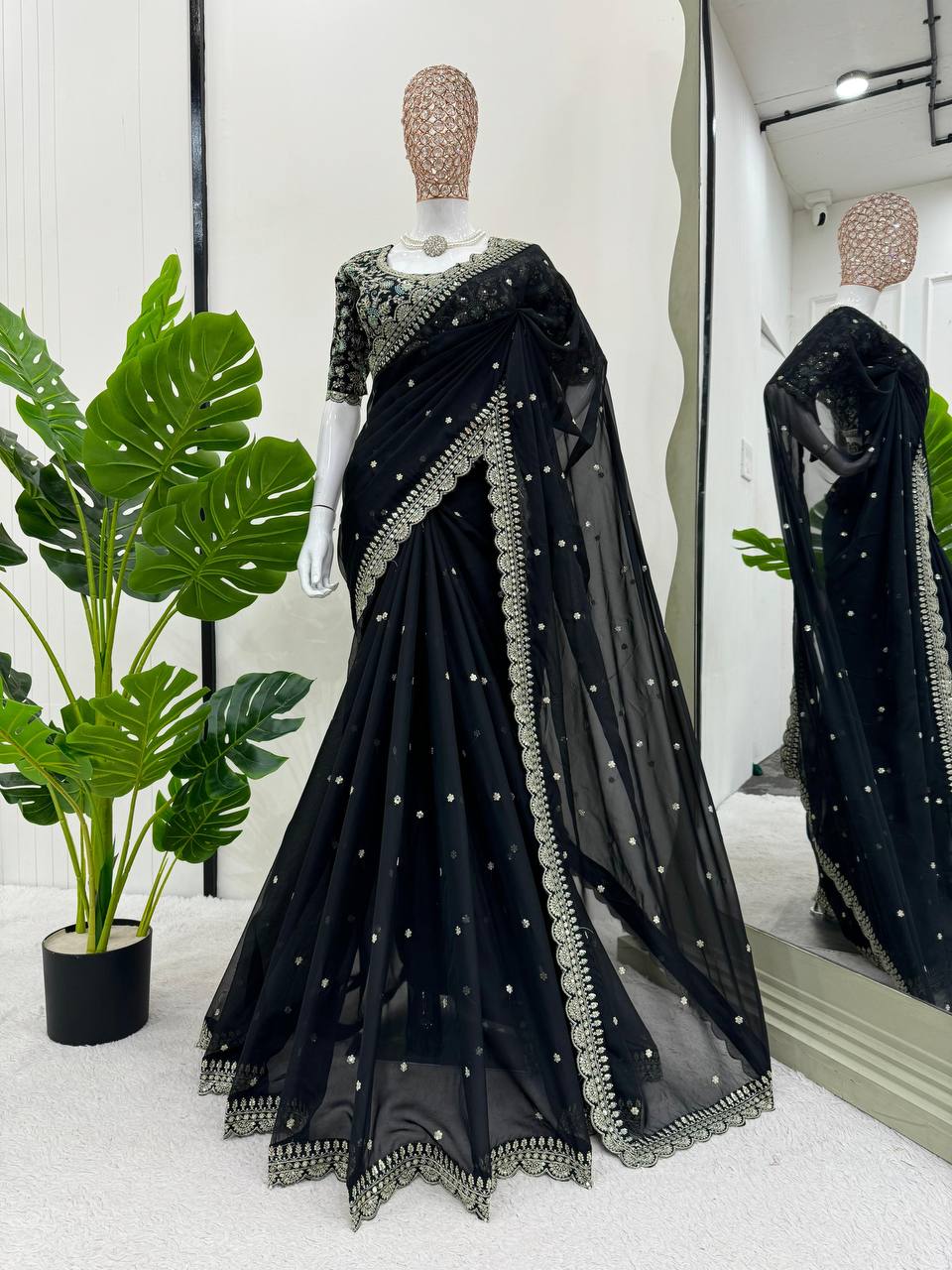 Black Color Sequence Work Designer Silk Wedding Wear Saree