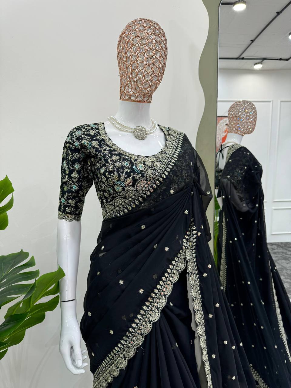 Black Color Sequence Work Designer Silk Wedding Wear Saree