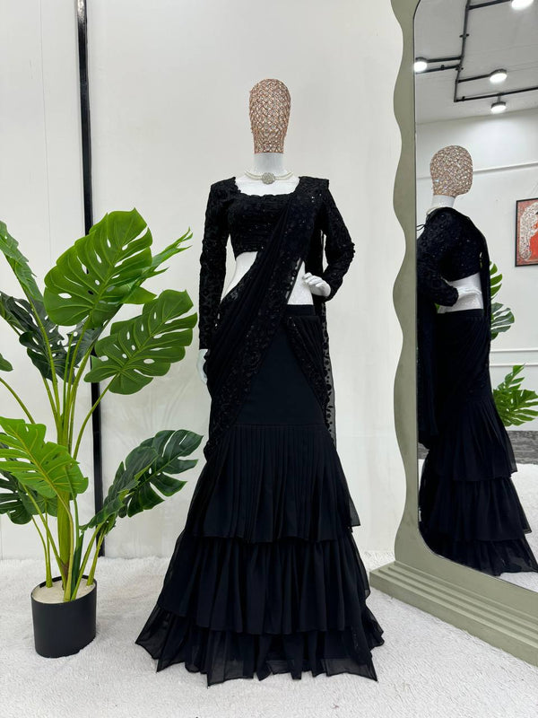 Black Color Sequins Work Designer Georgette Lehenga Saree