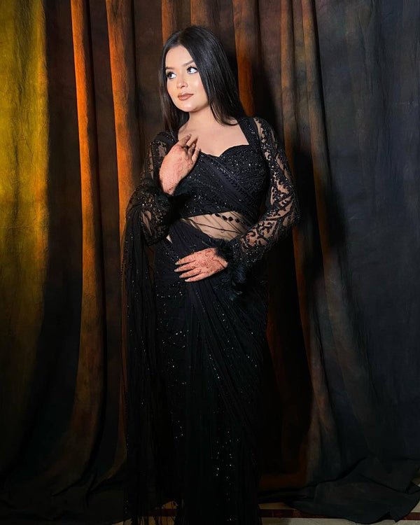 Black Color Soft Net Designer Sequence Work Saree