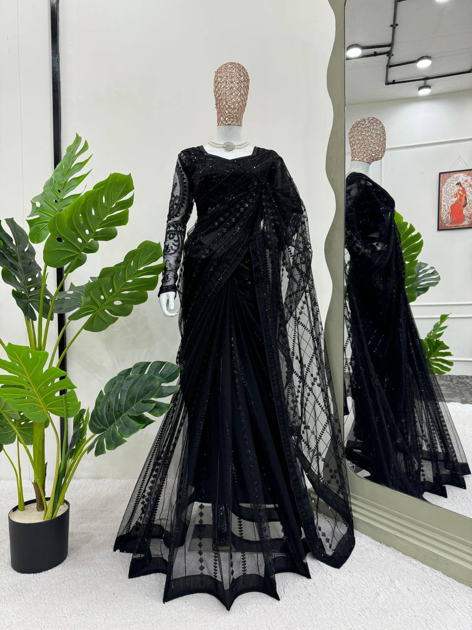 Black Color Soft Net Designer Sequence Work Saree