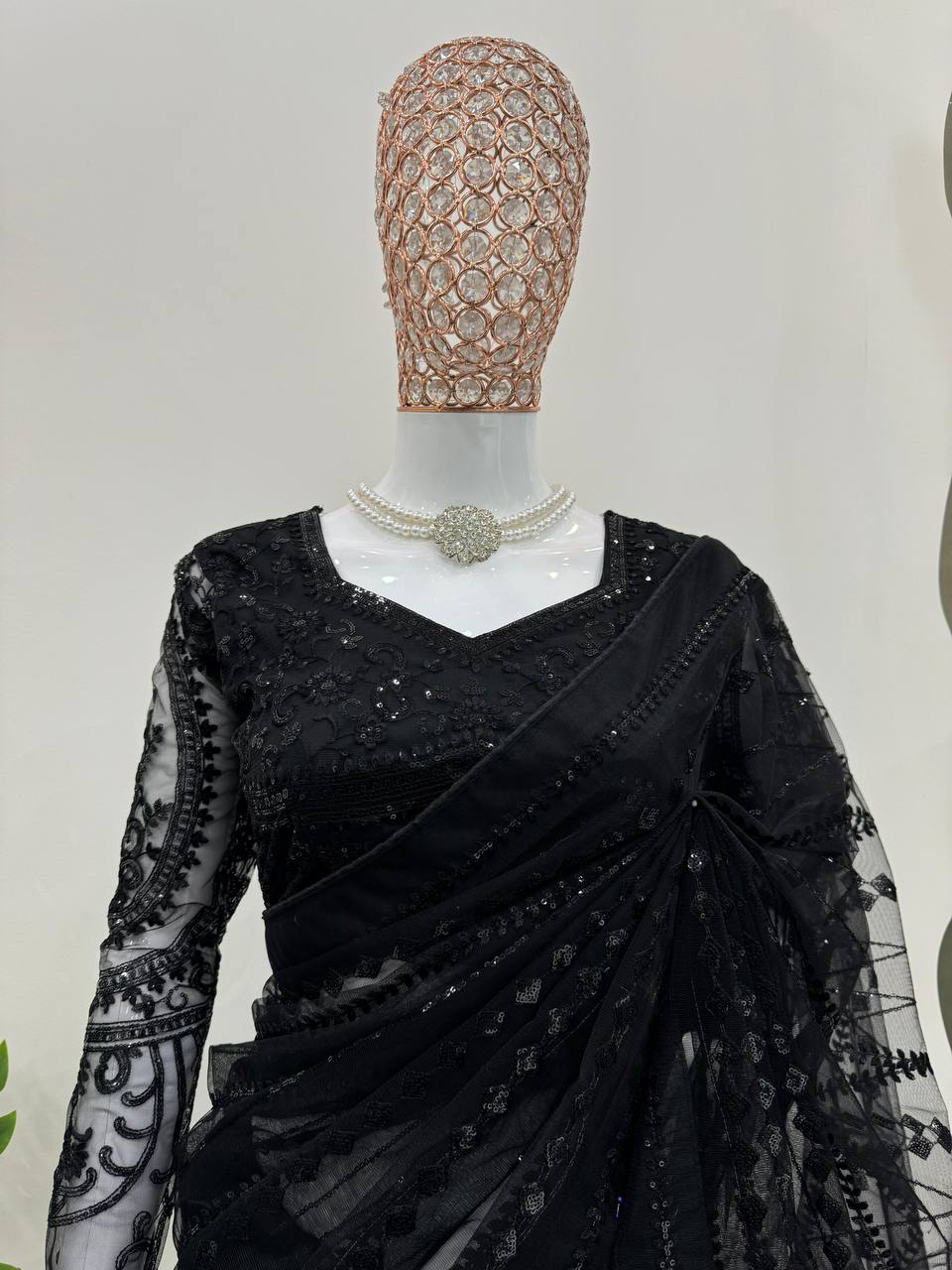 Black Color Soft Net Designer Sequence Work Saree