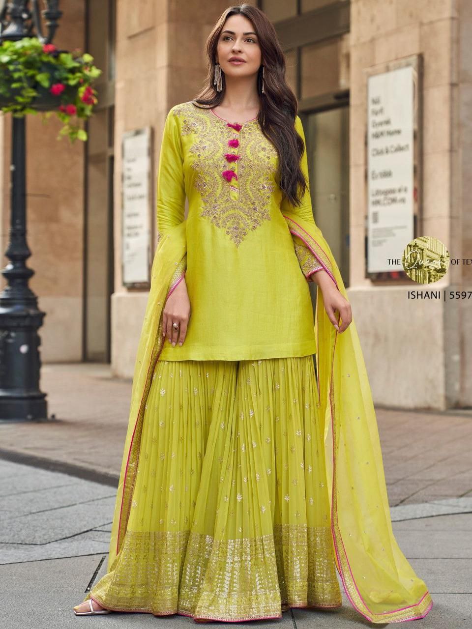 Green Color Heavy Georgette Embroidred Party Wear Sharara Suit