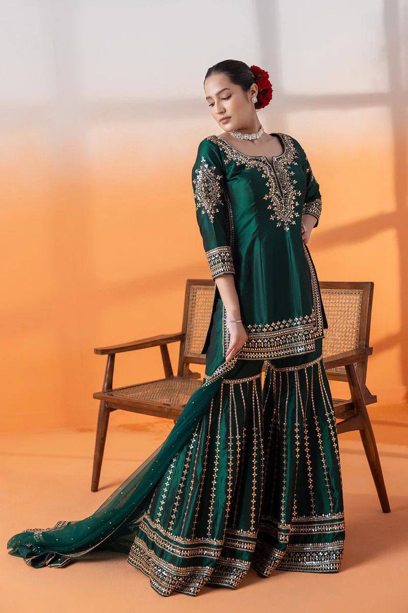 Dark Green Color Chinon Silk Heavy Sharara Suits