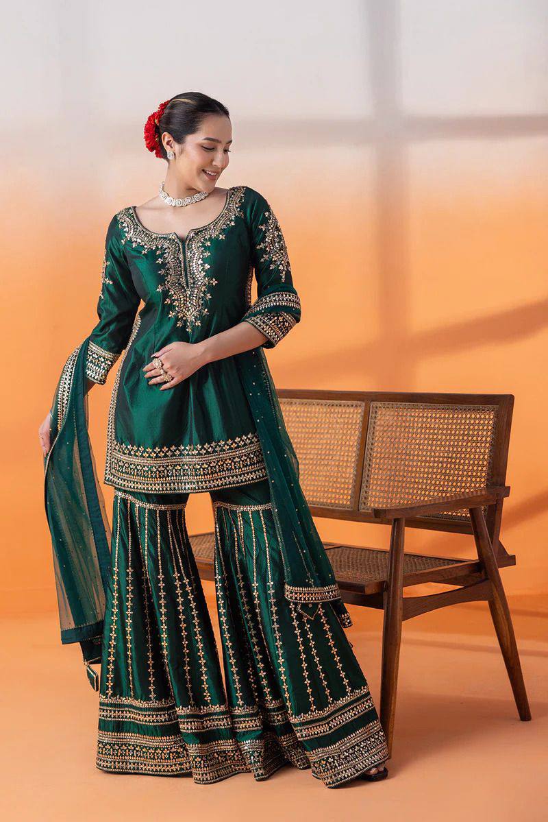 Dark Green Color Chinon Silk Heavy Sharara Suits