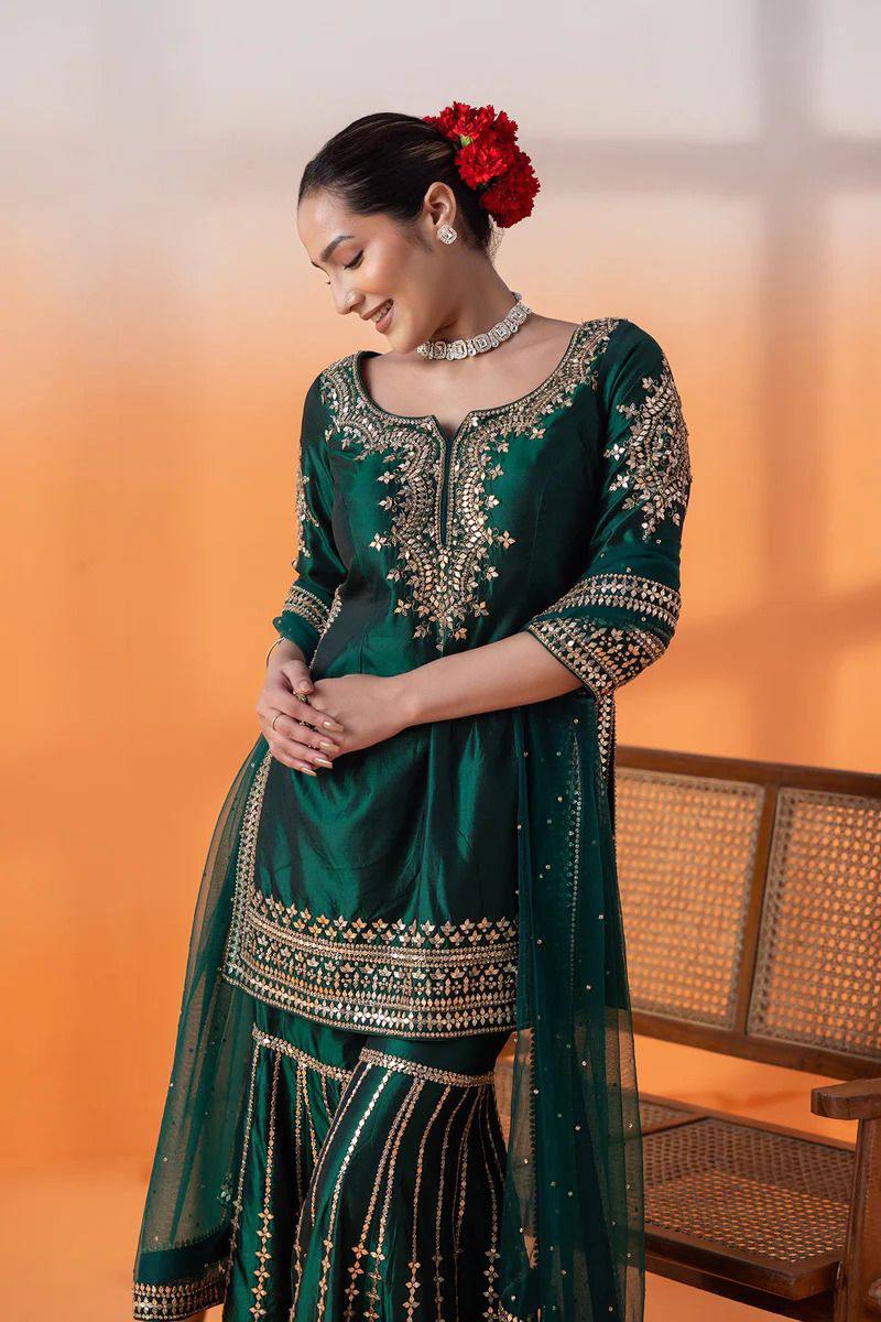 Dark Green Color Chinon Silk Heavy Sharara Suits