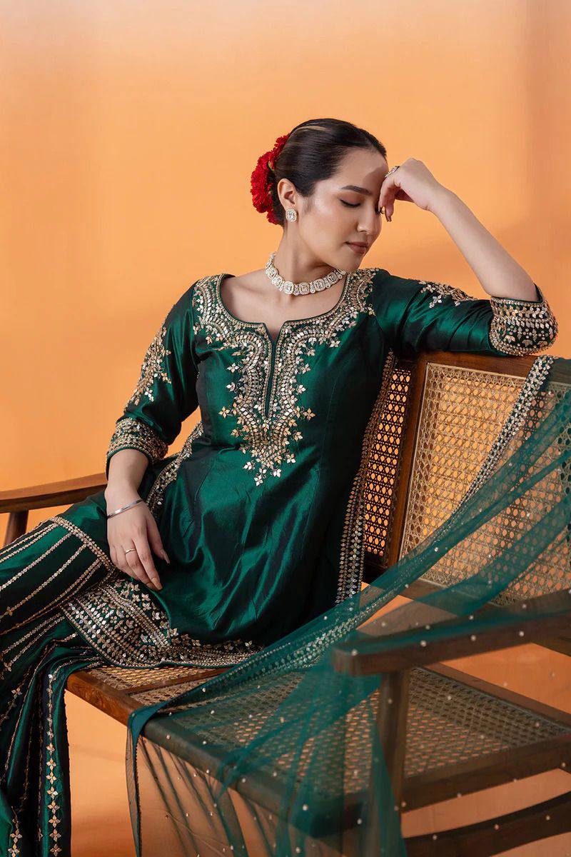 Dark Green Color Chinon Silk Heavy Sharara Suits